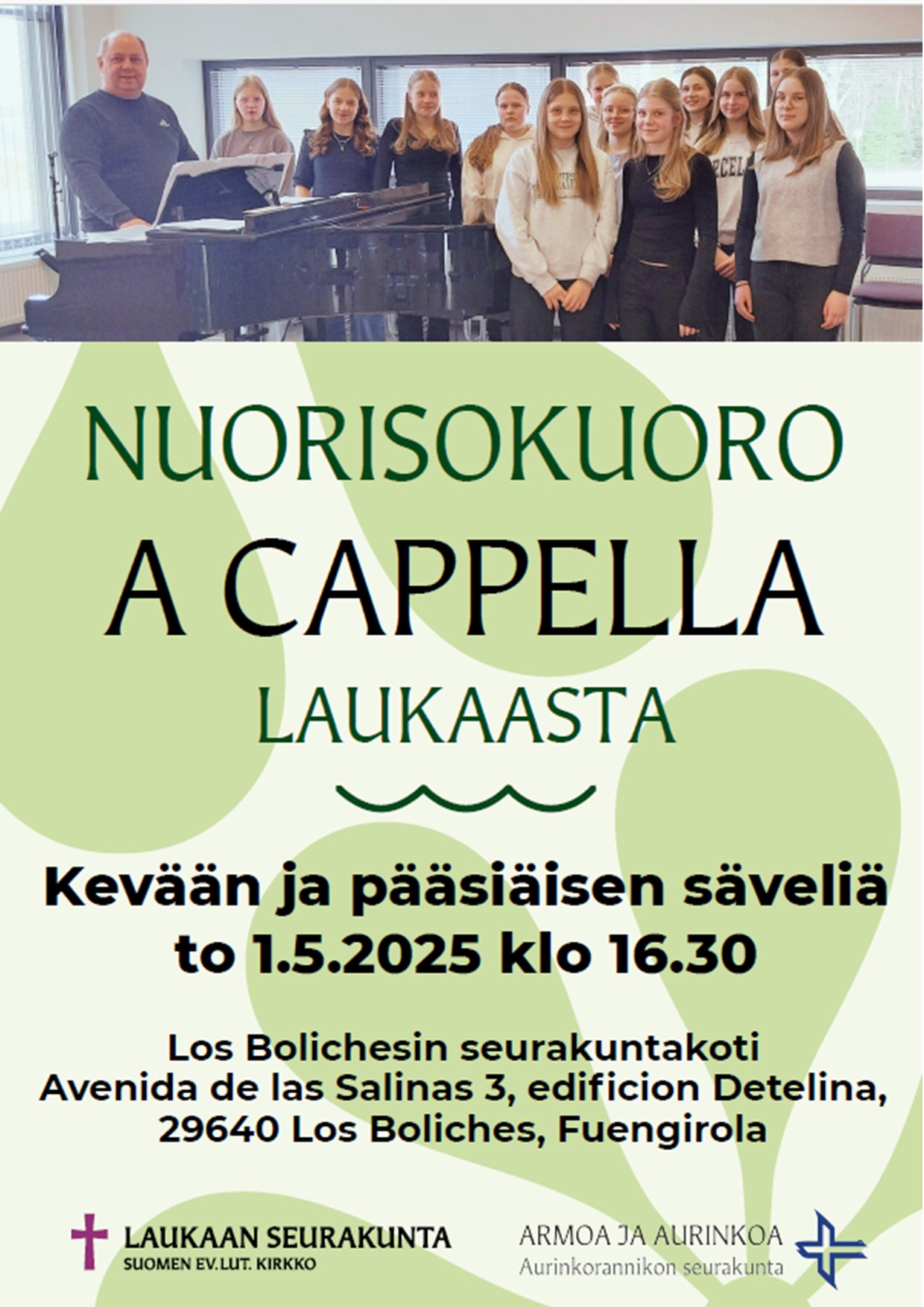 Konsertti: Laukaan seurakunnan A Cappella-nuorisokuoro Kuoron kuva ja esitys konsertista
