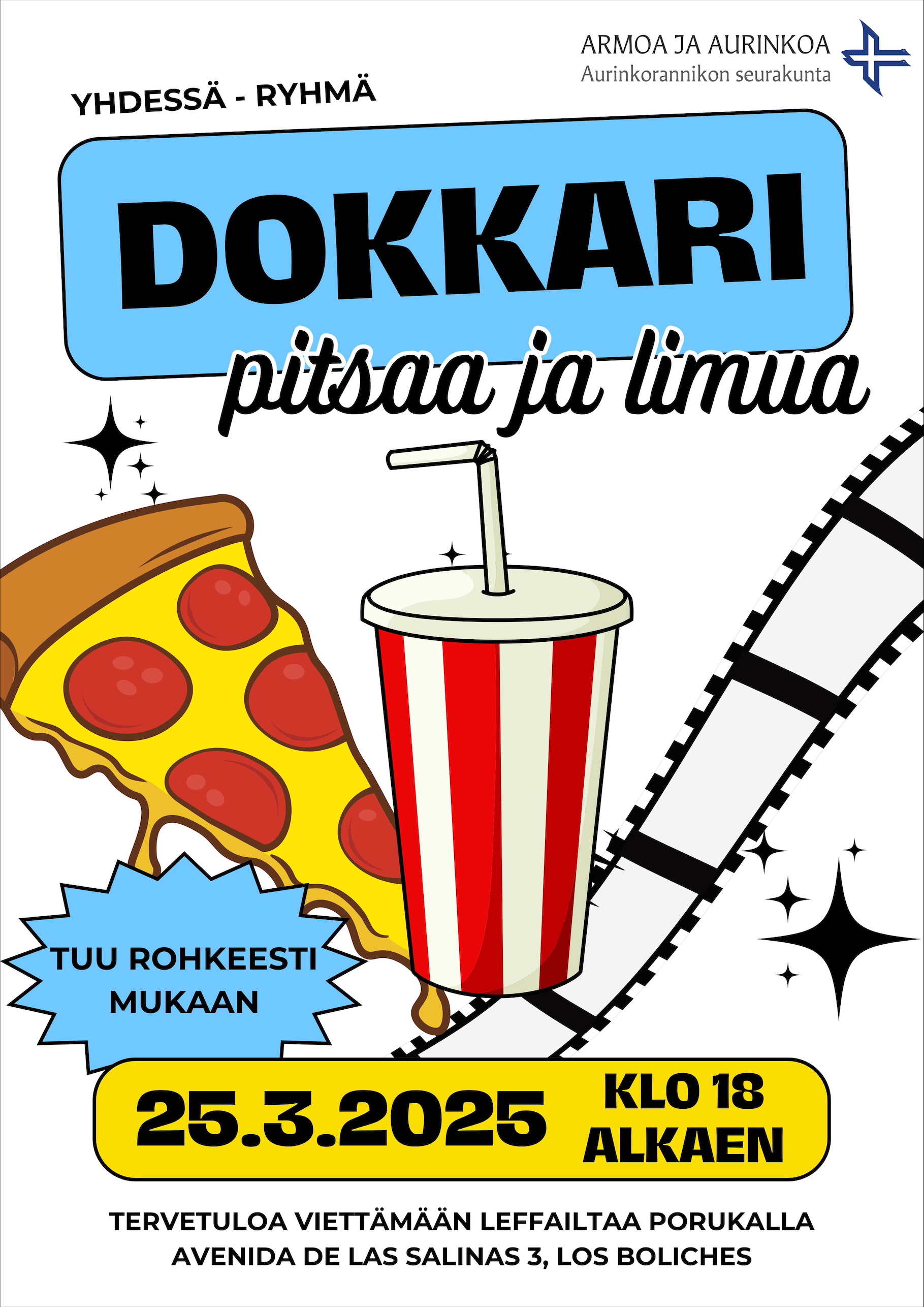 Yhdessä-ryhmä: Leffa-ilta Mainos tapaamisesta, pizzapala ja limsamuki